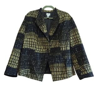 Chicos Silk Blend, Art to Wear, Crocodile Pattern Coat Acid Green, Black Sz 3/XL